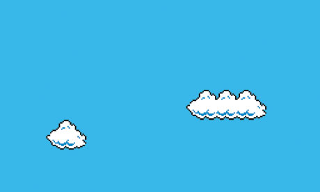 Still from Cory Arcangel's Super Mario Clouds showing white clouds on a blue sky.