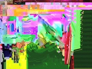 Heavily glitched abstract visuals moving to the right in jerky motions.