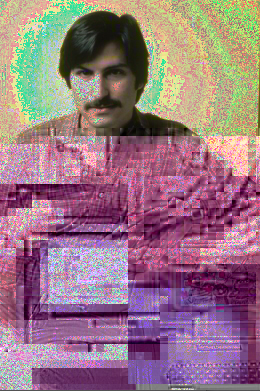 Portrait of a young Steve Jobs with an early Apple Computer glitched through the TextEdit databending method
