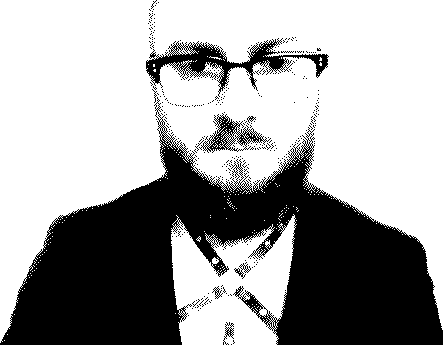 Portrait of Jon Cates in black and white with digital artifacting.