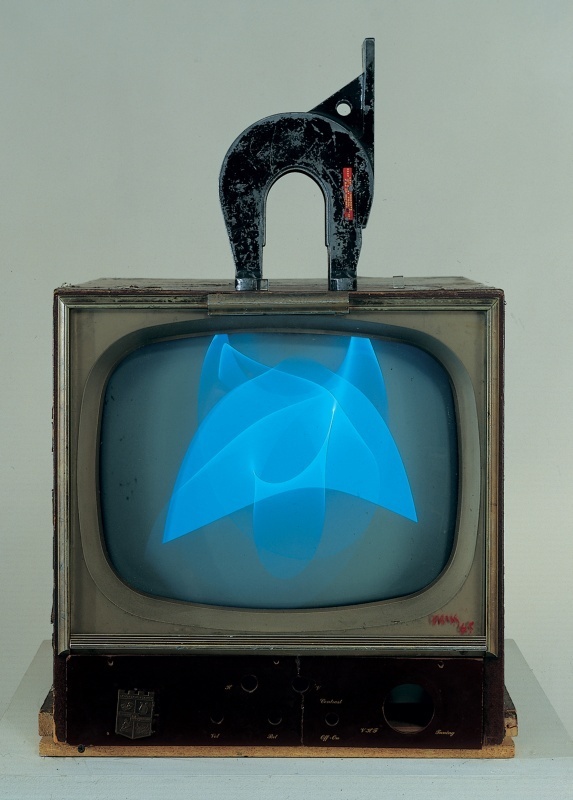 Nam June Paik's 'Magnet TV'—an old CRT with a magnet on top and abstract electromagnetic visuals in the screen.
