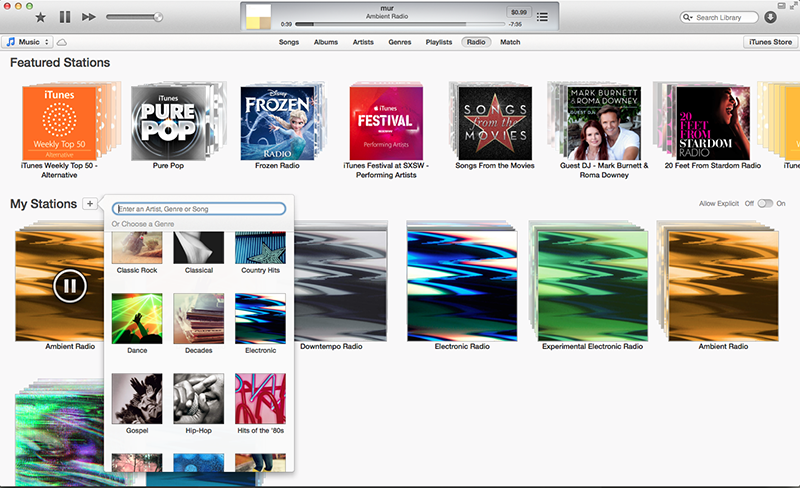 Image showing iTunes Radio from the early 2010s with an image from the DIY VGA Synthesizer used to represent electronic music.
