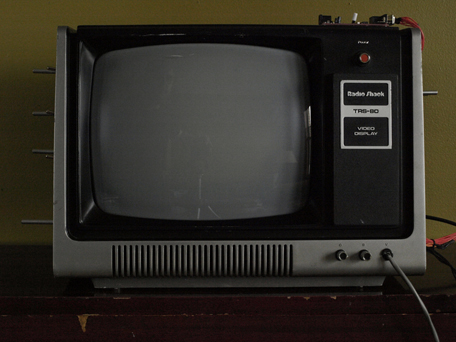 Modified Radio Shack TRS 80 with custom electronic wiring viewed from the front.